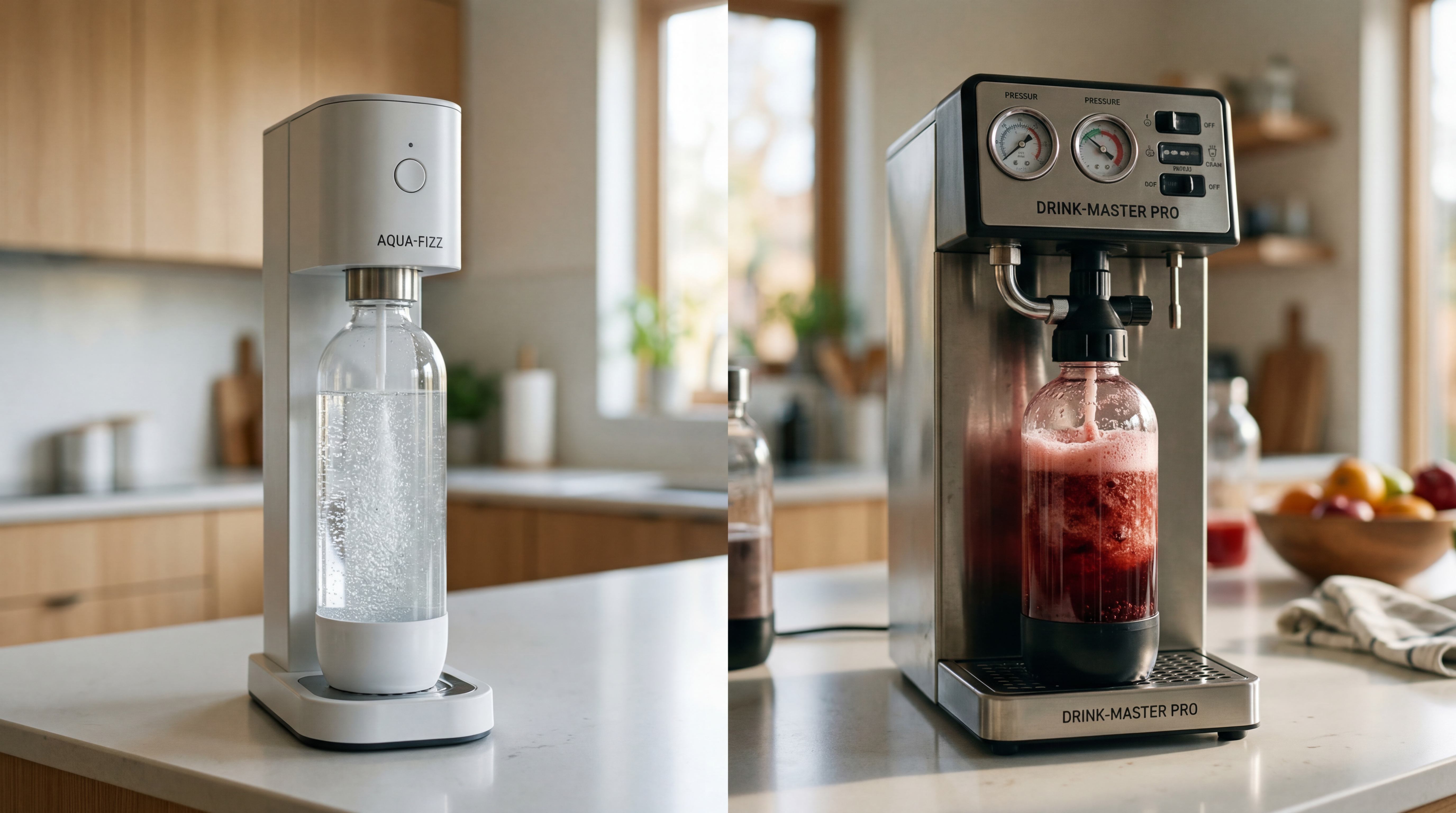 Split comparison of a basic water-only carbonation machine and a pressure-controlled any-drink soda maker carbonating a foamy berry beverage